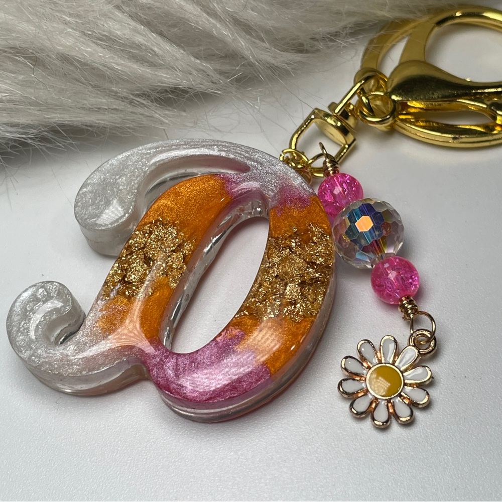 Custom Orange Cream and Pink Letter “D” Keychain with Daisy Charm - Picture 10 of 12